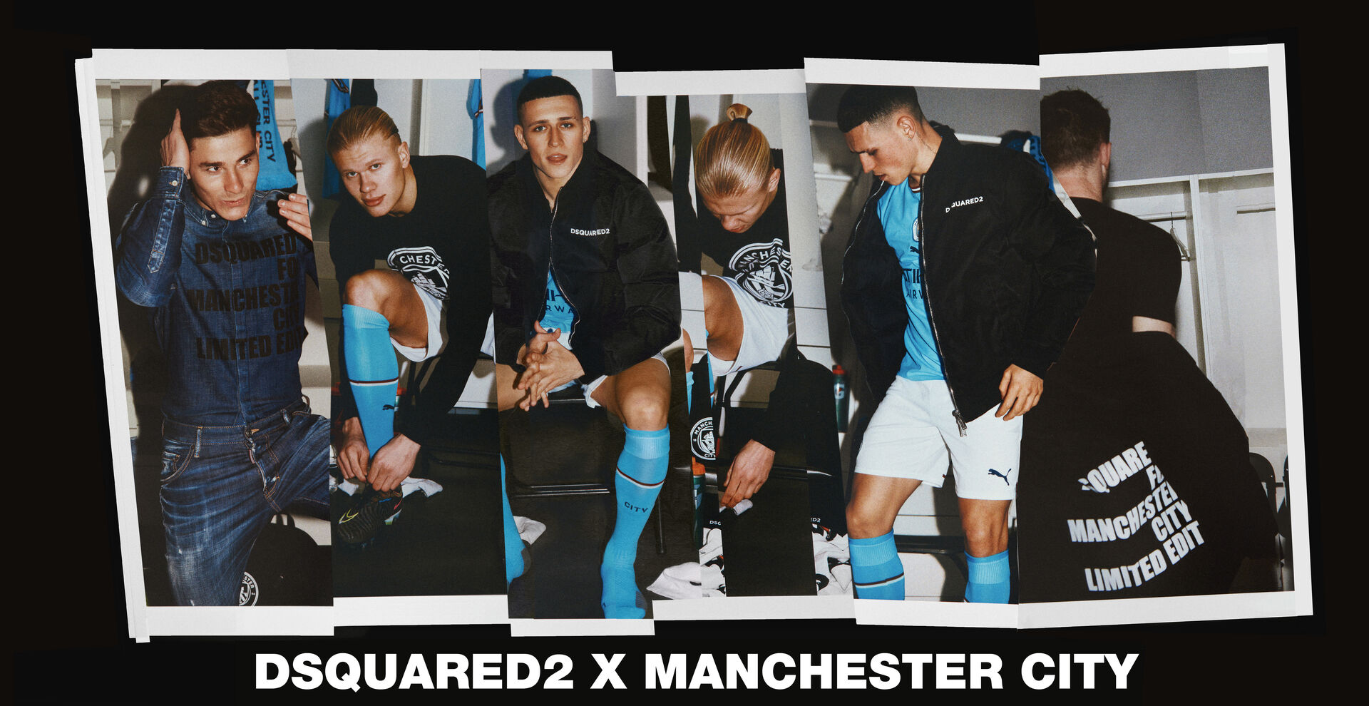 manchester city players in the locker room wearing the new dsquared2 x manchester city capsule collection.