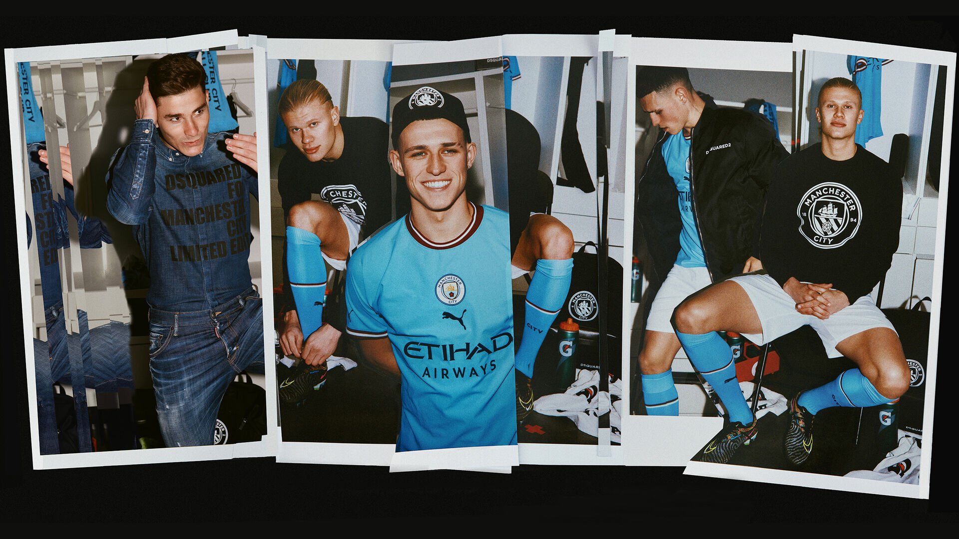 Picture in black and white with Manchester City players and coach wearing the new dsquared2 manchester city capsule collection 