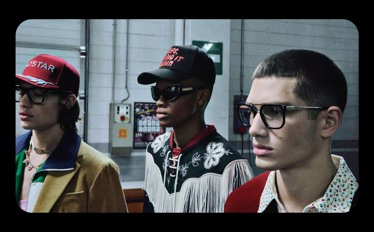 Picture of three guys that are looking with their new eyewear from the collection of dsquared2 fw23