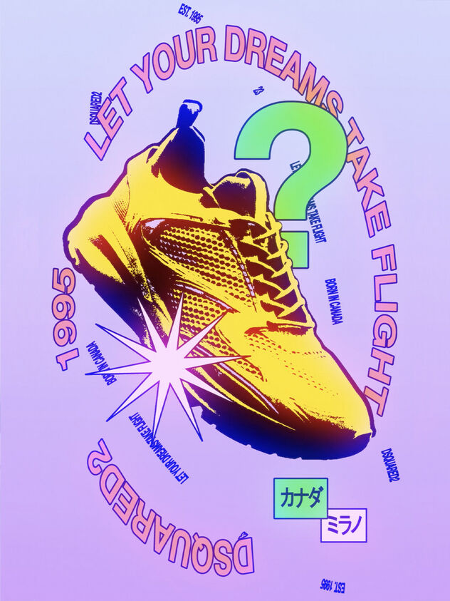 Cartoon-style picture of golden sneaker with lilac background and green big question mark 