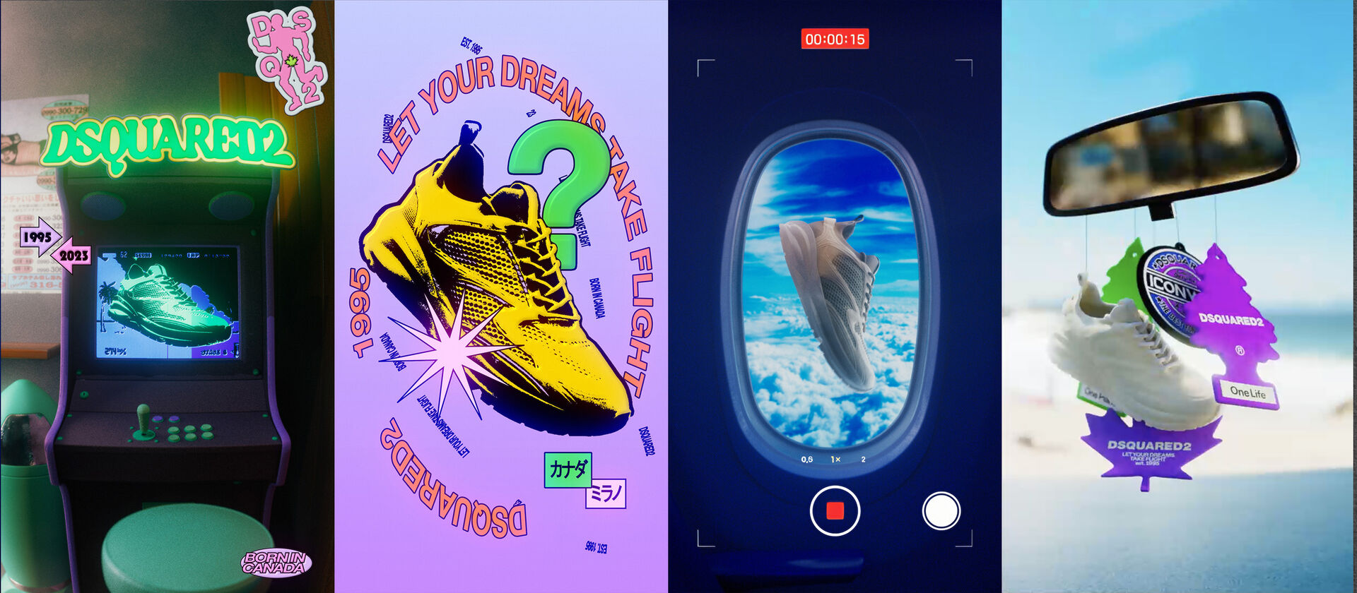Different views of the new Dash sneaker from Dsquared2 with colorful backgrounds