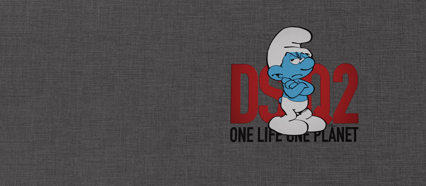 Smurf with crossed hands standing in front of Dsquared2 logo on grey background
