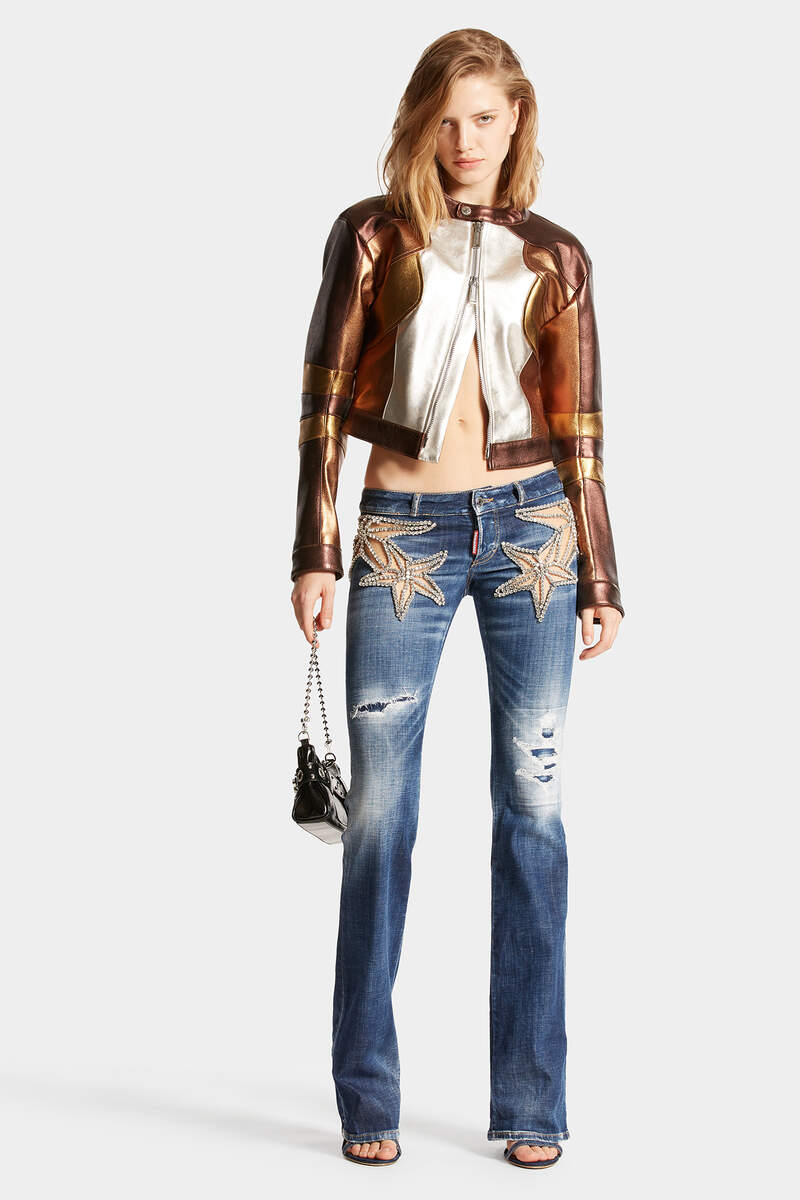 Dark Ripped Wash Starry Night Low Waist Flare Jean image number 3