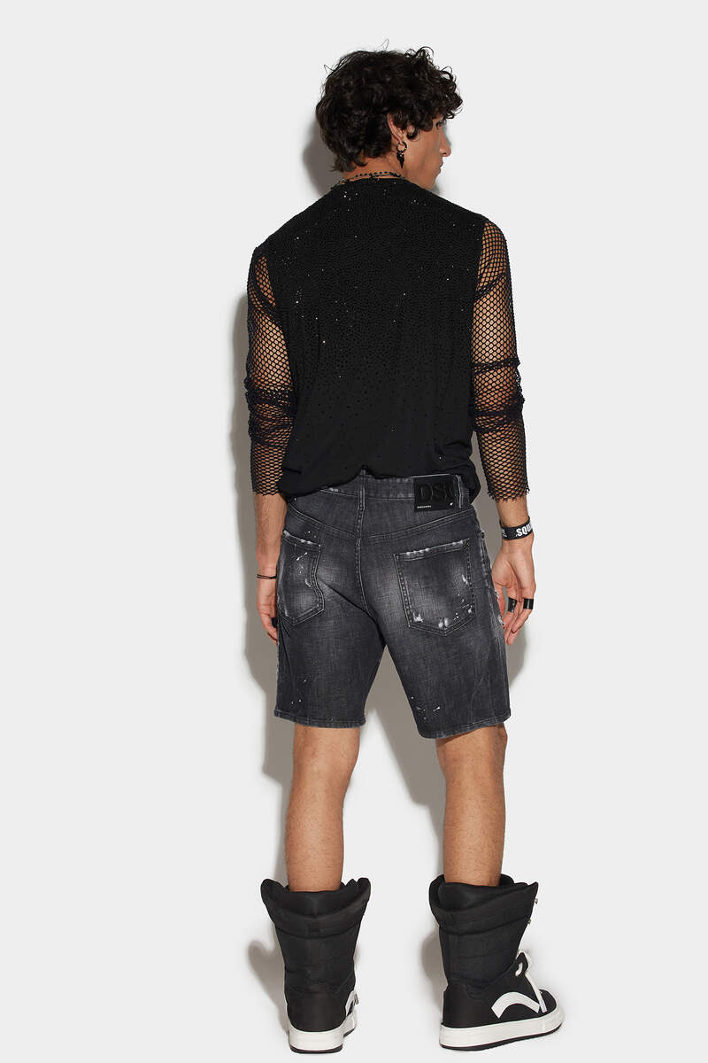 Black Ripped Leather Wash Marine Denim Shorts número de imagen 2