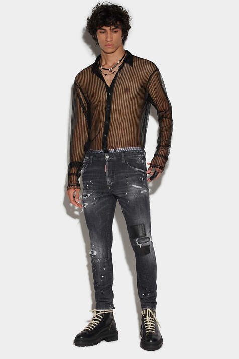 Black Ripped Leather Wash Skater Jeans