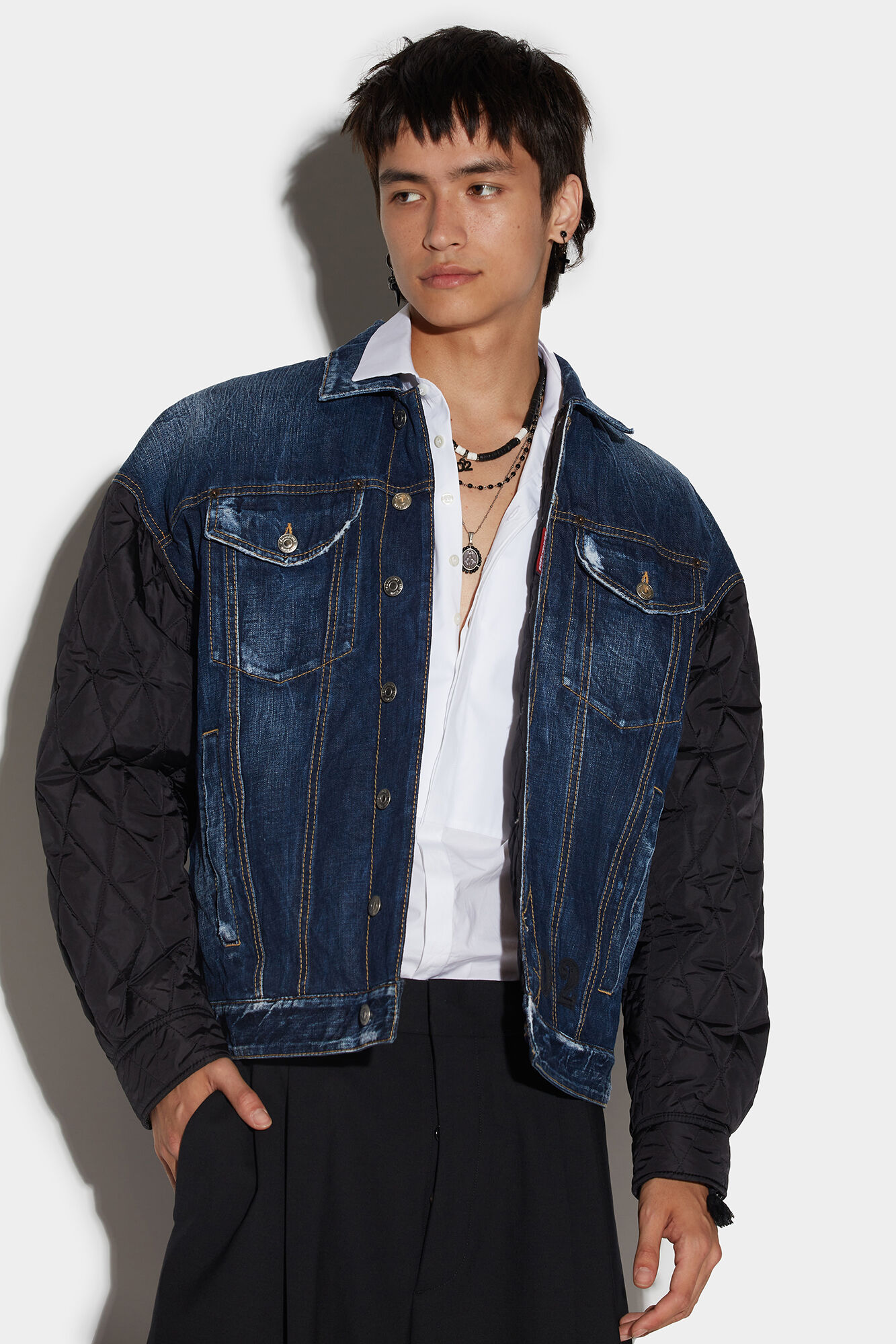 D2 Quilted Mix Dropped Shoulder Jean Jacket