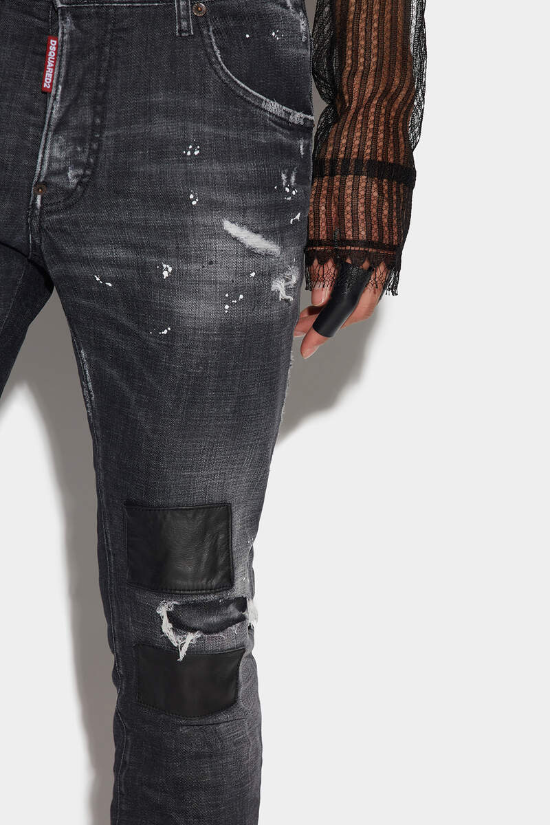 Black Ripped Leather Wash Skater Jeans image number 4